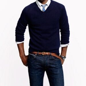 J Crew Lambswool V Neck Sweater Navy Blue Large Tall